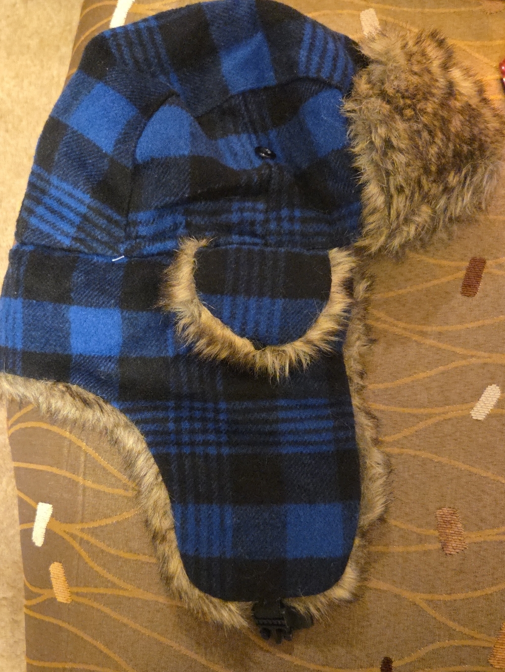 Blue & Black Plaid Faux-Fur Trapper Hat for Men